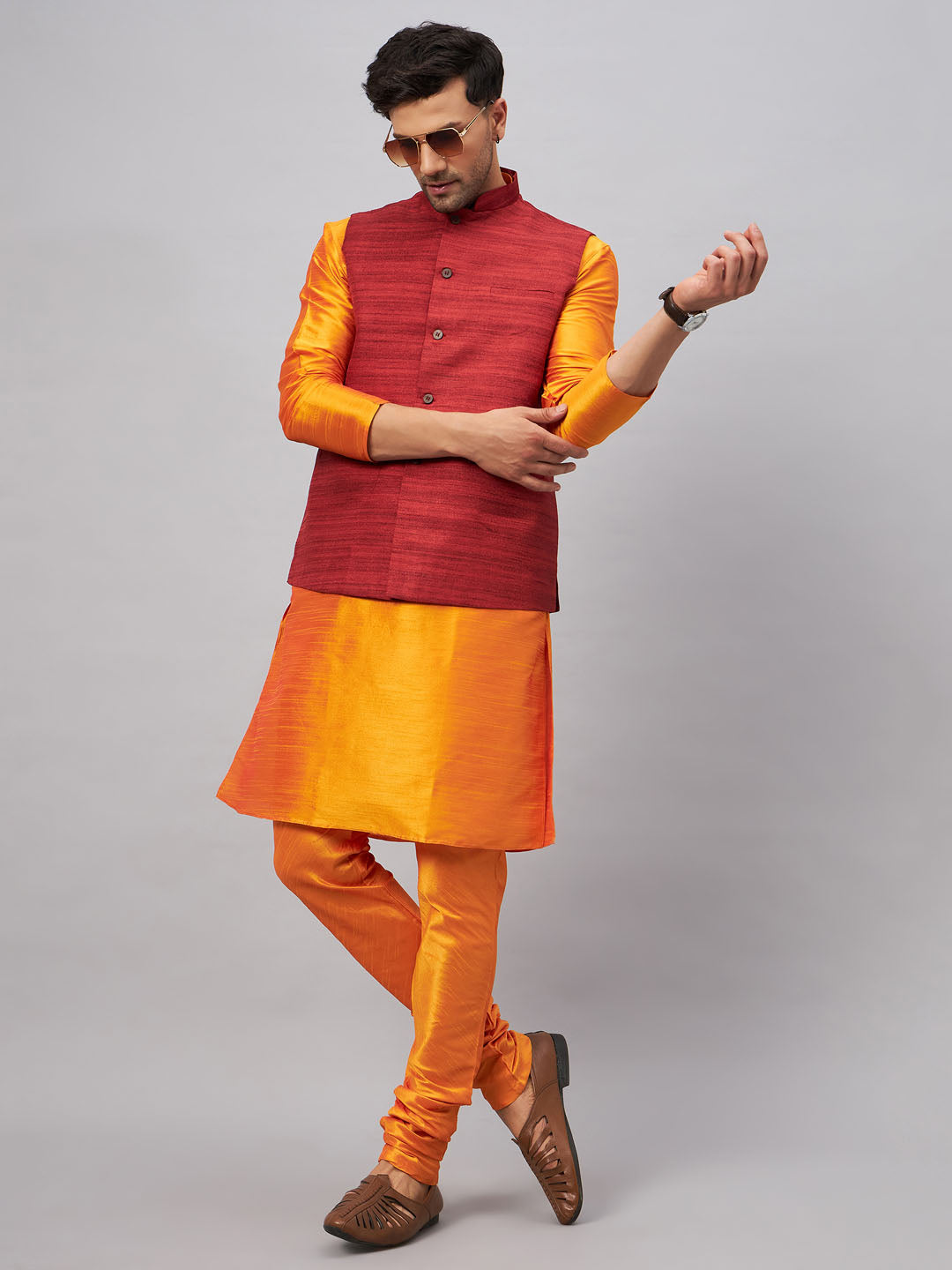 Men's Orange Silk Blend Straight Jacket Kurta and Pyjama Set