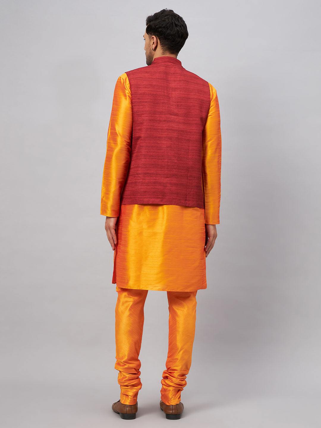 Men's Orange Silk Blend Straight Jacket Kurta and Pyjama Set