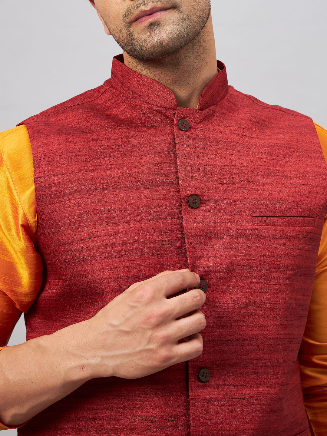 Men's Orange Silk Blend Straight Jacket Kurta and Pyjama Set