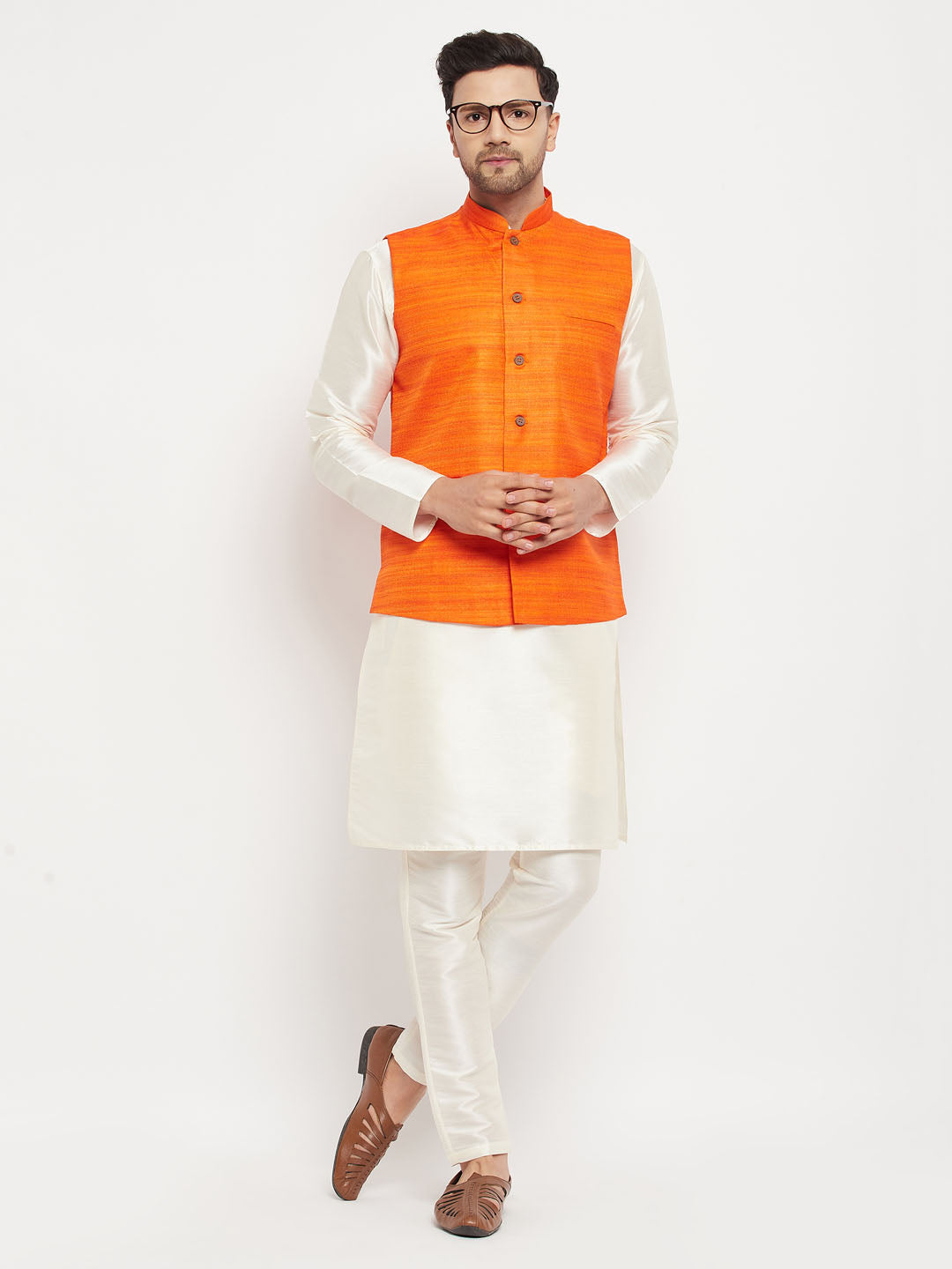 Men's Cream Silk Blend Straight Jacket Kurta and Pyjama Set