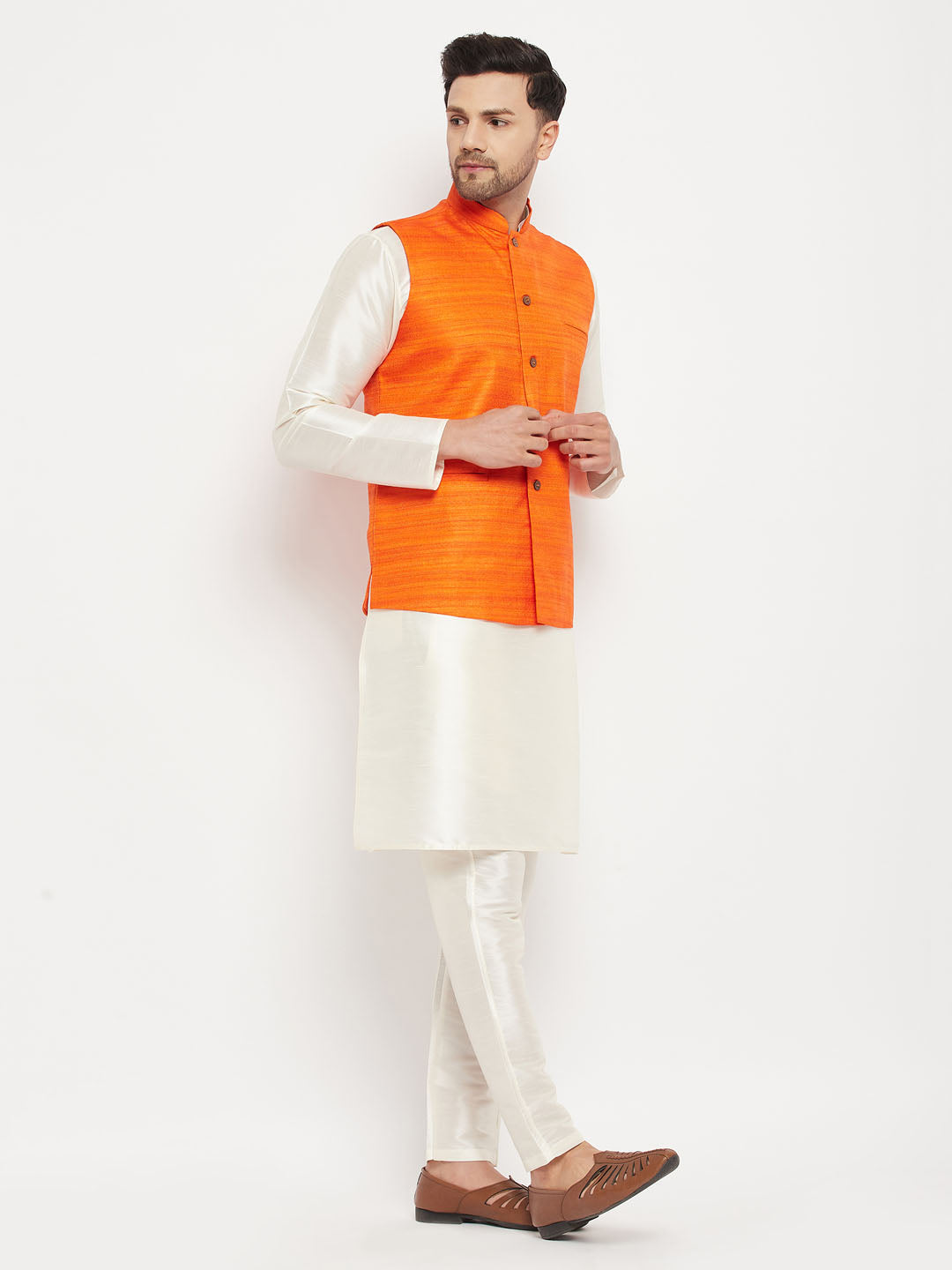 Men's Cream Silk Blend Straight Jacket Kurta and Pyjama Set
