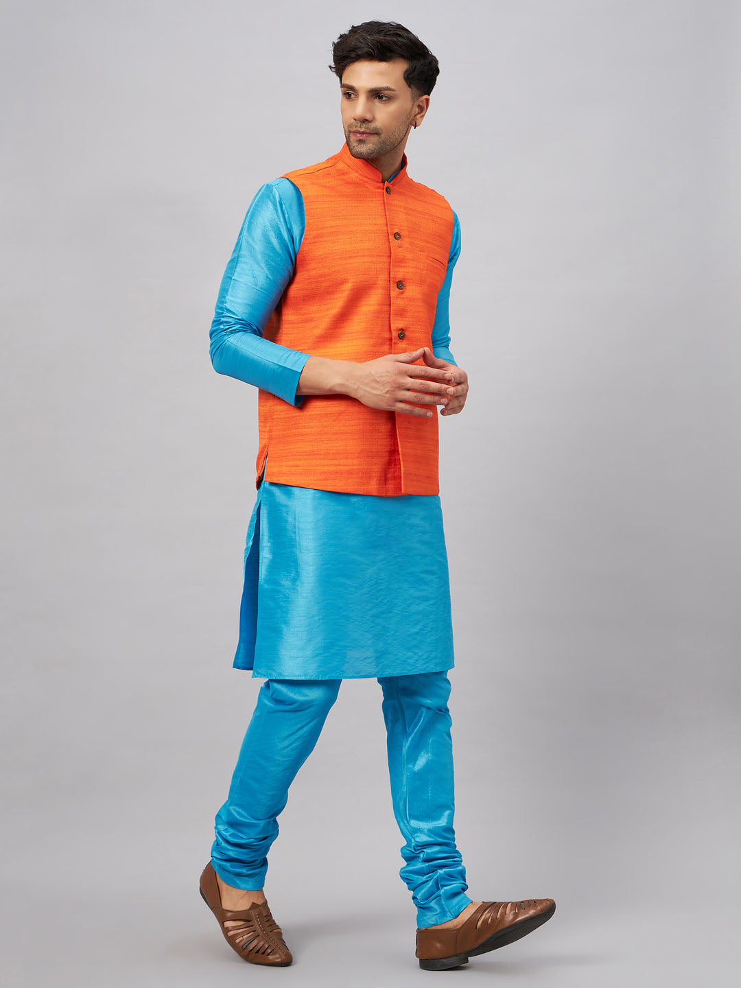 Men's Aqua Silk Blend Straight Jacket Kurta and Pyjama Set