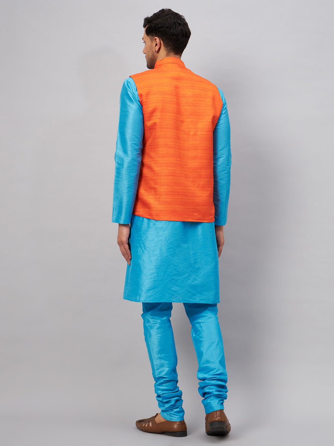 Men's Aqua Silk Blend Straight Jacket Kurta and Pyjama Set