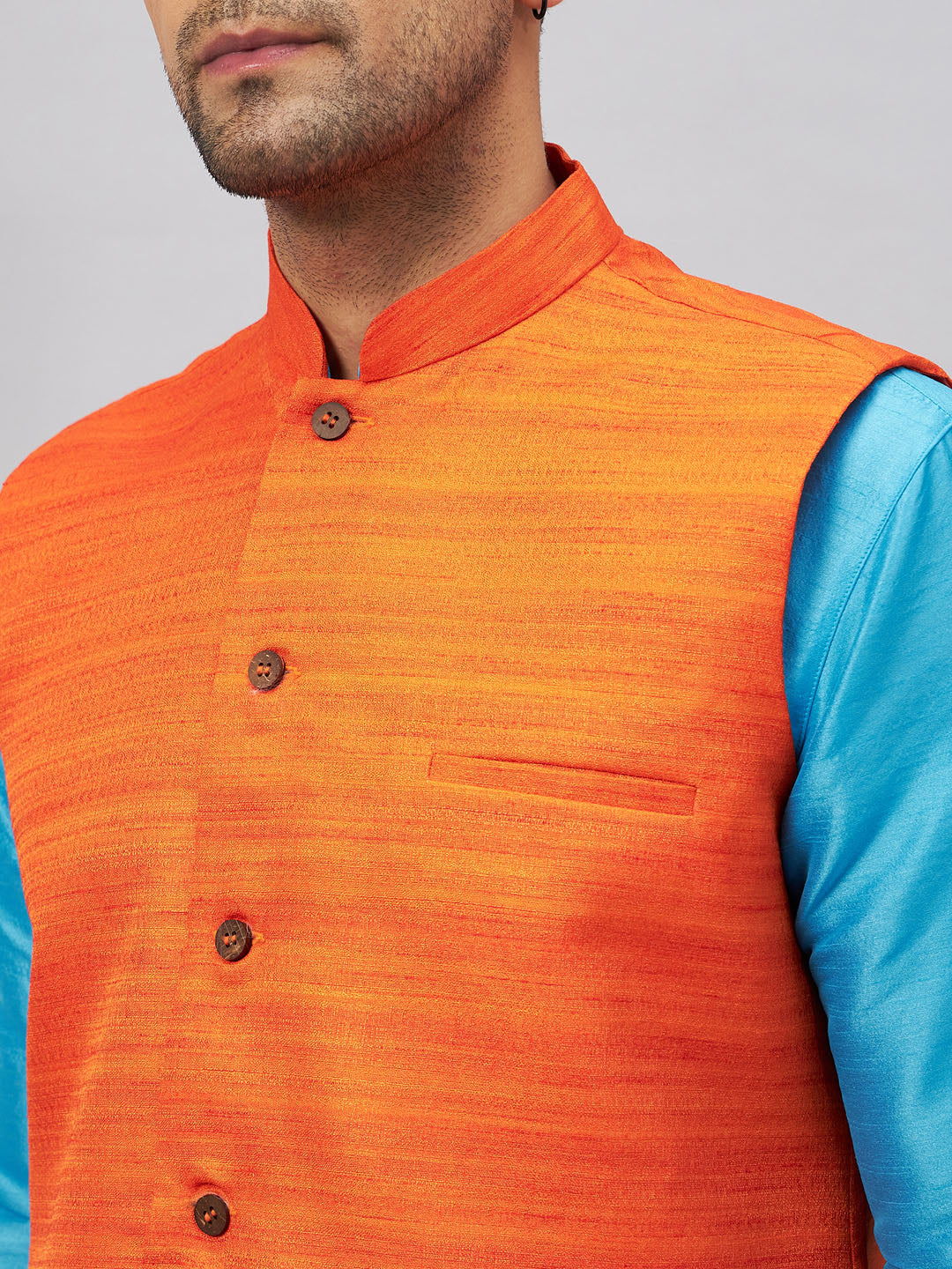 Men's Aqua Silk Blend Straight Jacket Kurta and Pyjama Set