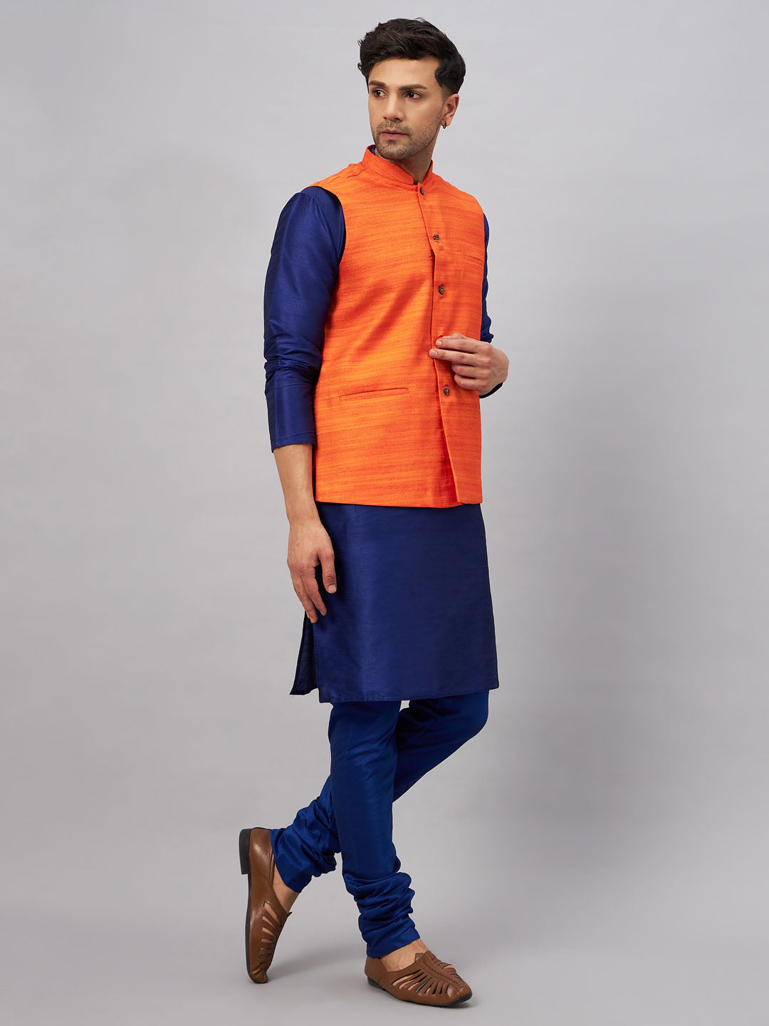Men's Blue Silk Blend Straight Jacket Kurta and Pyjama Set