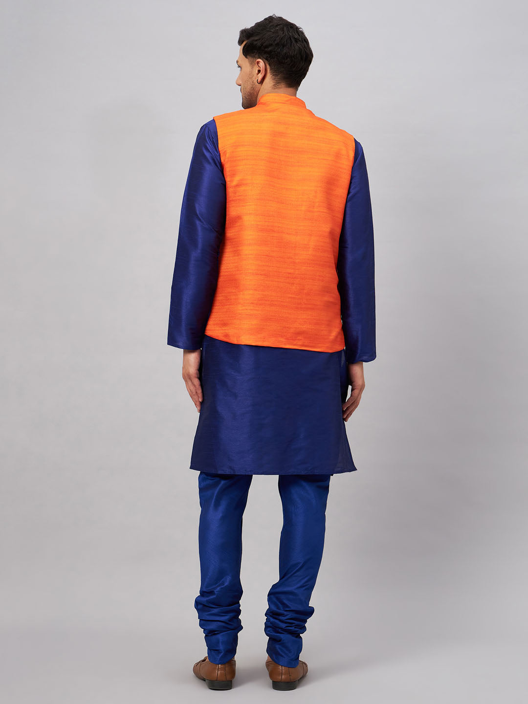 Men's Blue Silk Blend Straight Jacket Kurta and Pyjama Set
