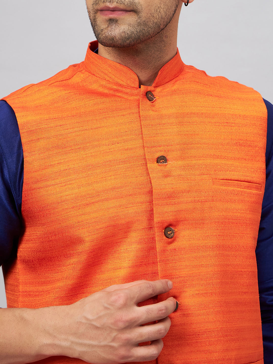 Men's Blue Silk Blend Straight Jacket Kurta and Pyjama Set