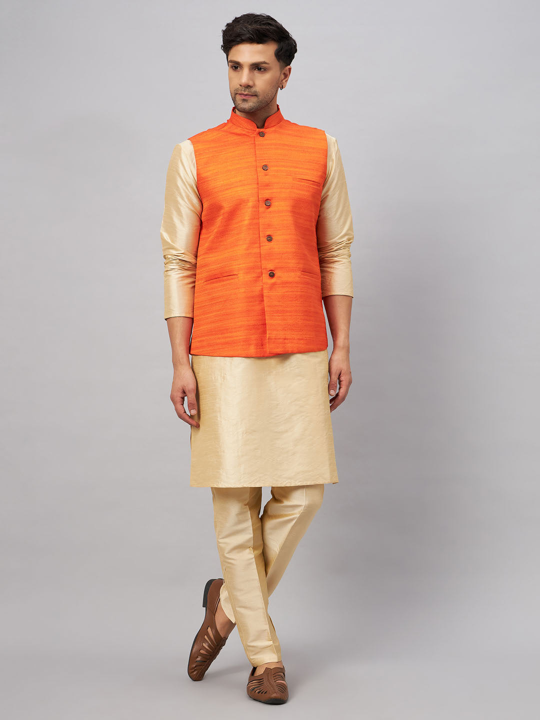 Men's Gold Silk Blend Straight Jacket Kurta and Pyjama Set