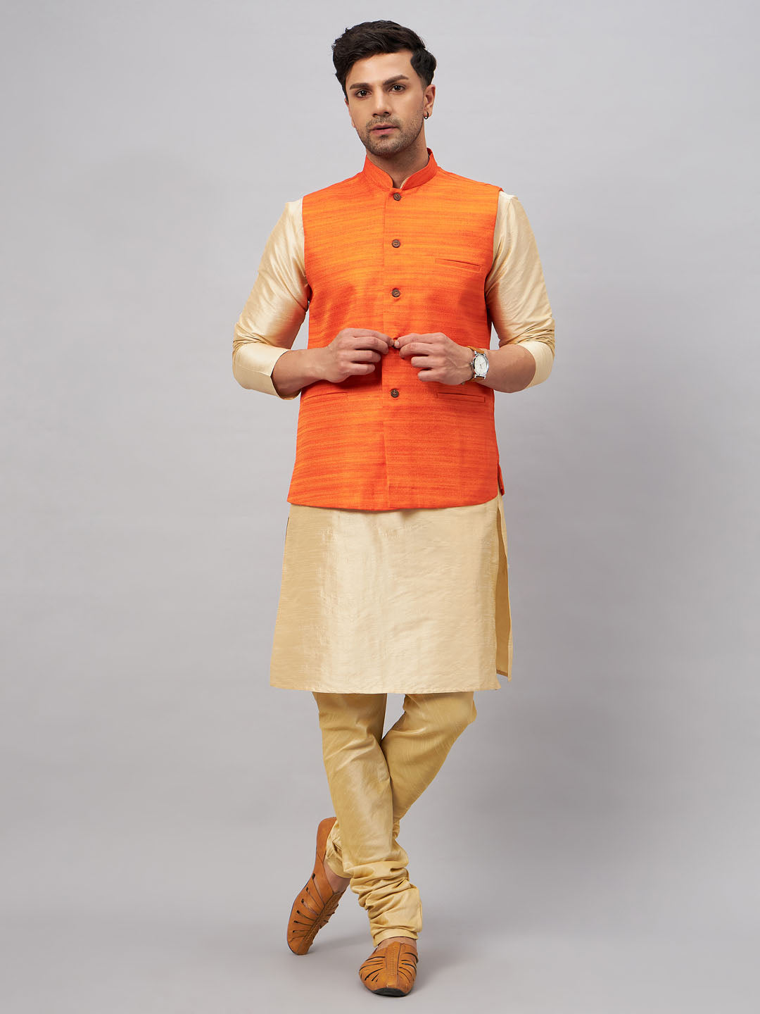 Men's Gold Silk Blend Straight Jacket Kurta and Pyjama Set