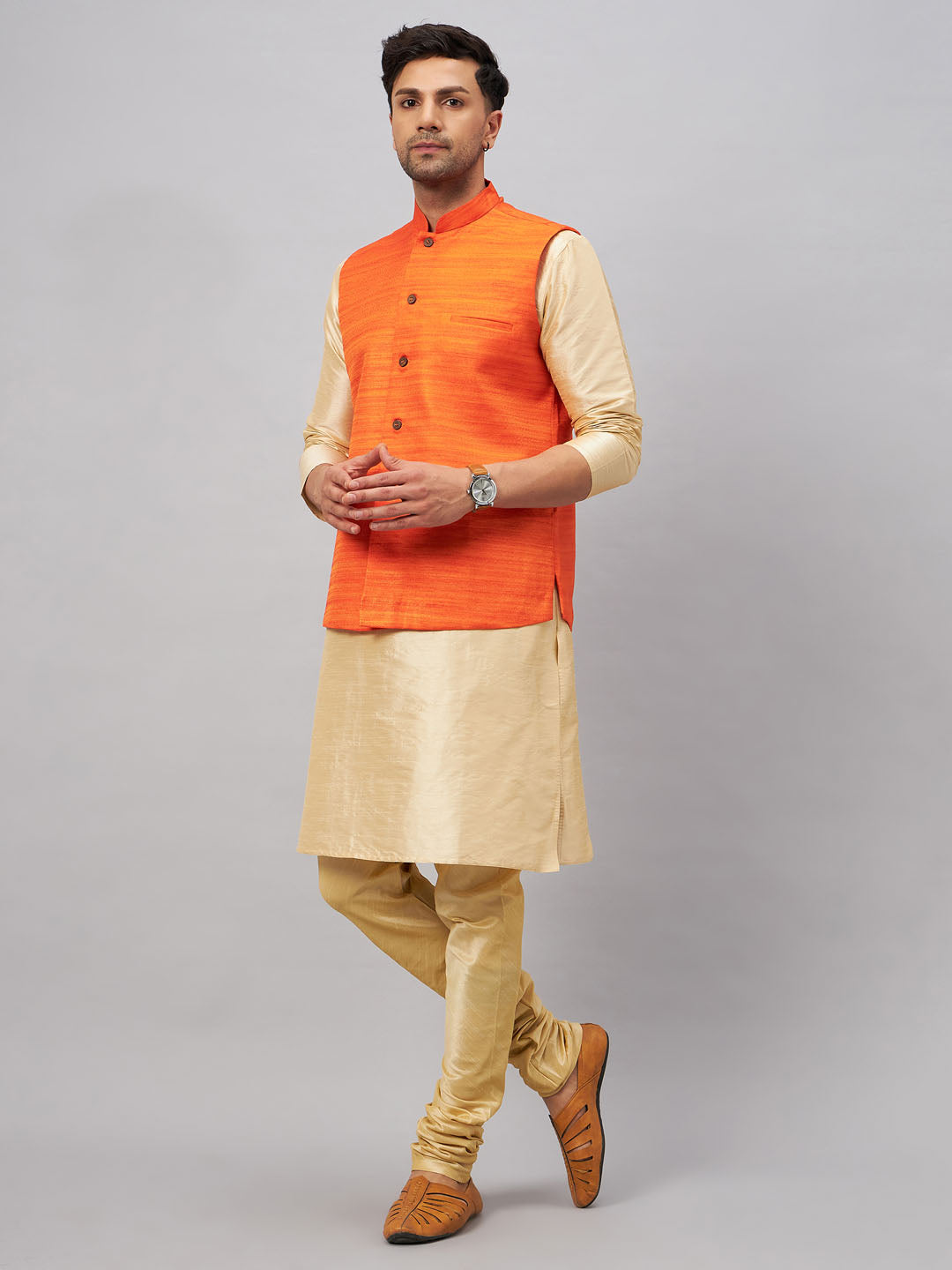 Men's Gold Silk Blend Straight Jacket Kurta and Pyjama Set