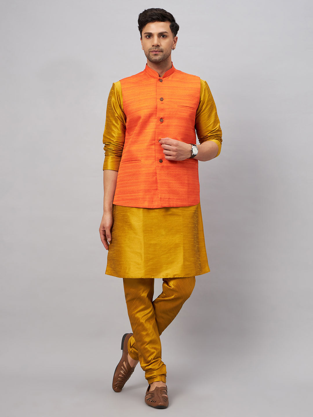 Men's Mustard Silk Blend Straight Jacket Kurta and Pyjama Set