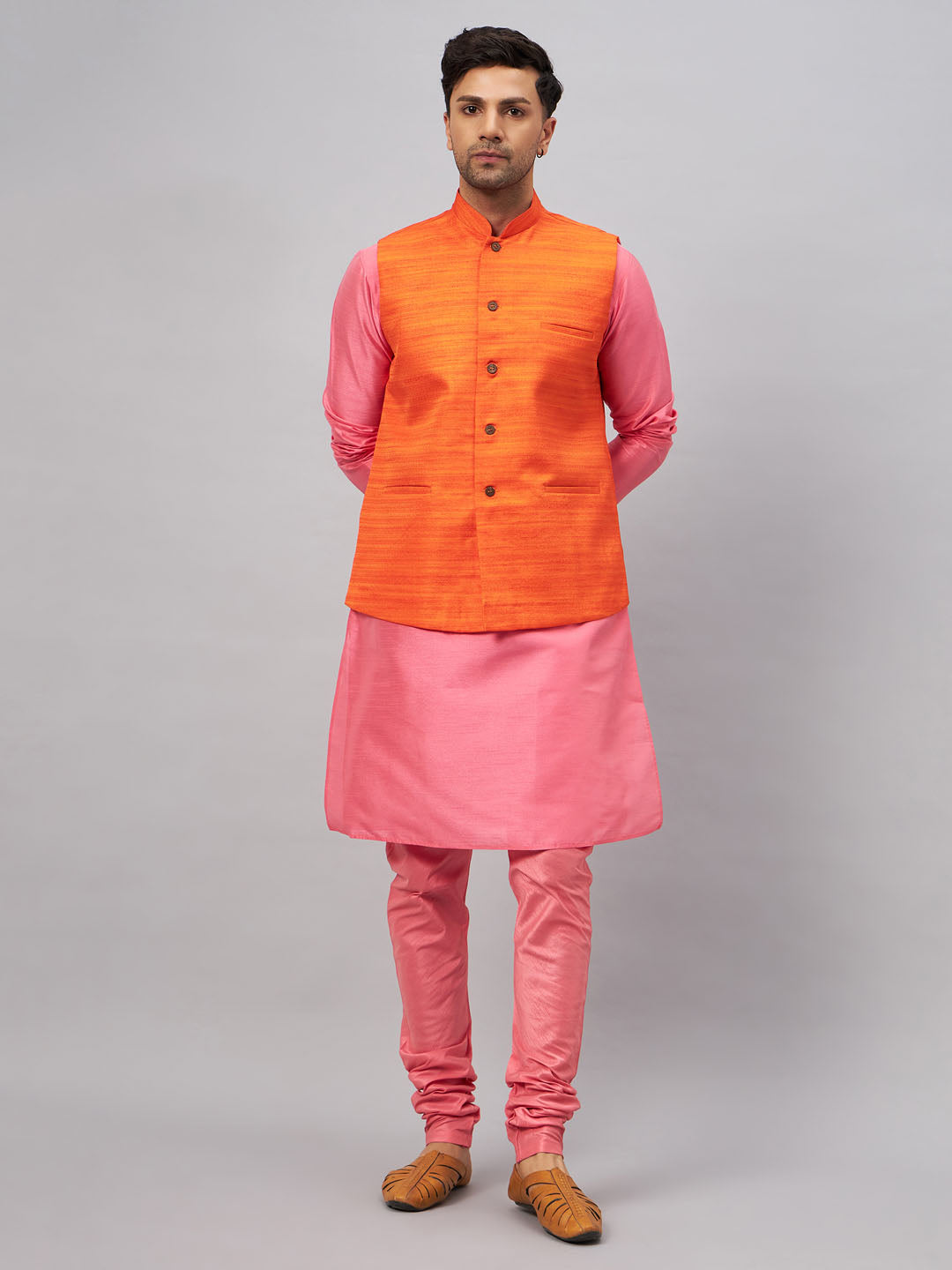 Men's Pink Silk Blend Straight Jacket Kurta and Pyjama Set
