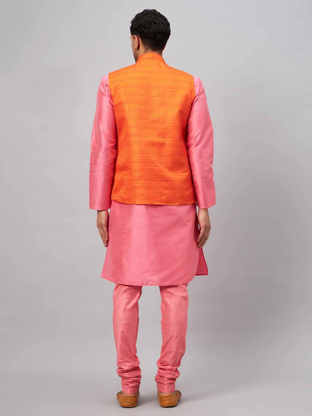 Men's Pink Silk Blend Straight Jacket Kurta and Pyjama Set