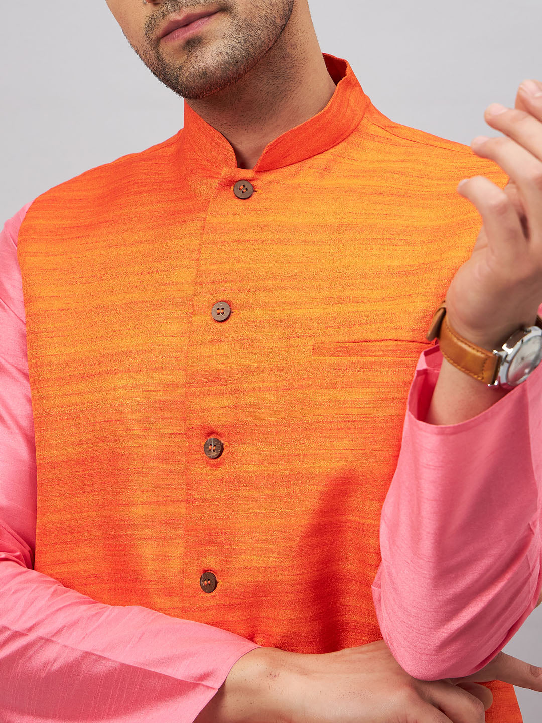 Men's Pink Silk Blend Straight Jacket Kurta and Pyjama Set