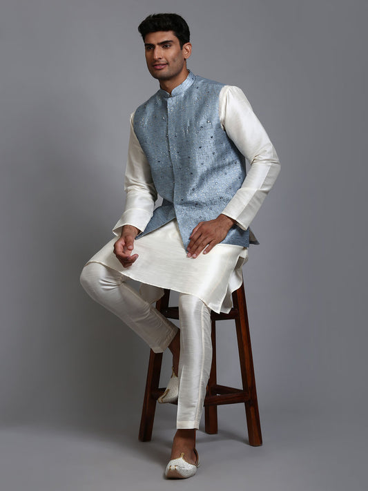 Men's Cream Silk Blend Straight Jacket  Kurta and Pyjama Set