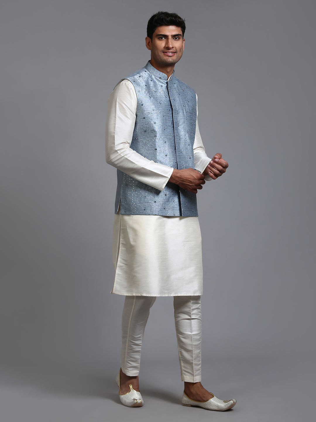 Men's Cream Silk Blend Straight Jacket Kurta and Pyjama Set