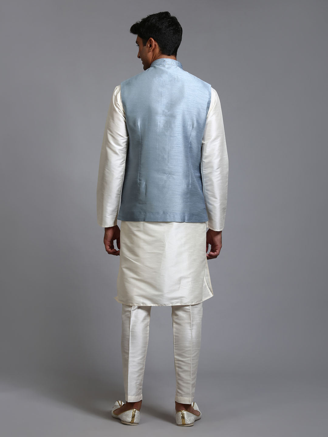 Men's Cream Silk Blend Straight Jacket Kurta and Pyjama Set