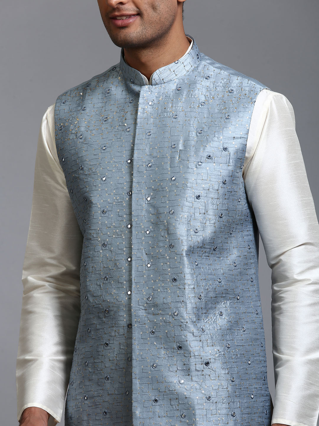 Men's Cream Silk Blend Straight Jacket Kurta and Pyjama Set