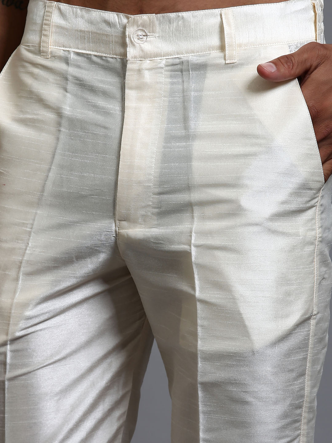 Men's Cream Silk Blend Straight Jacket Kurta and Pyjama Set