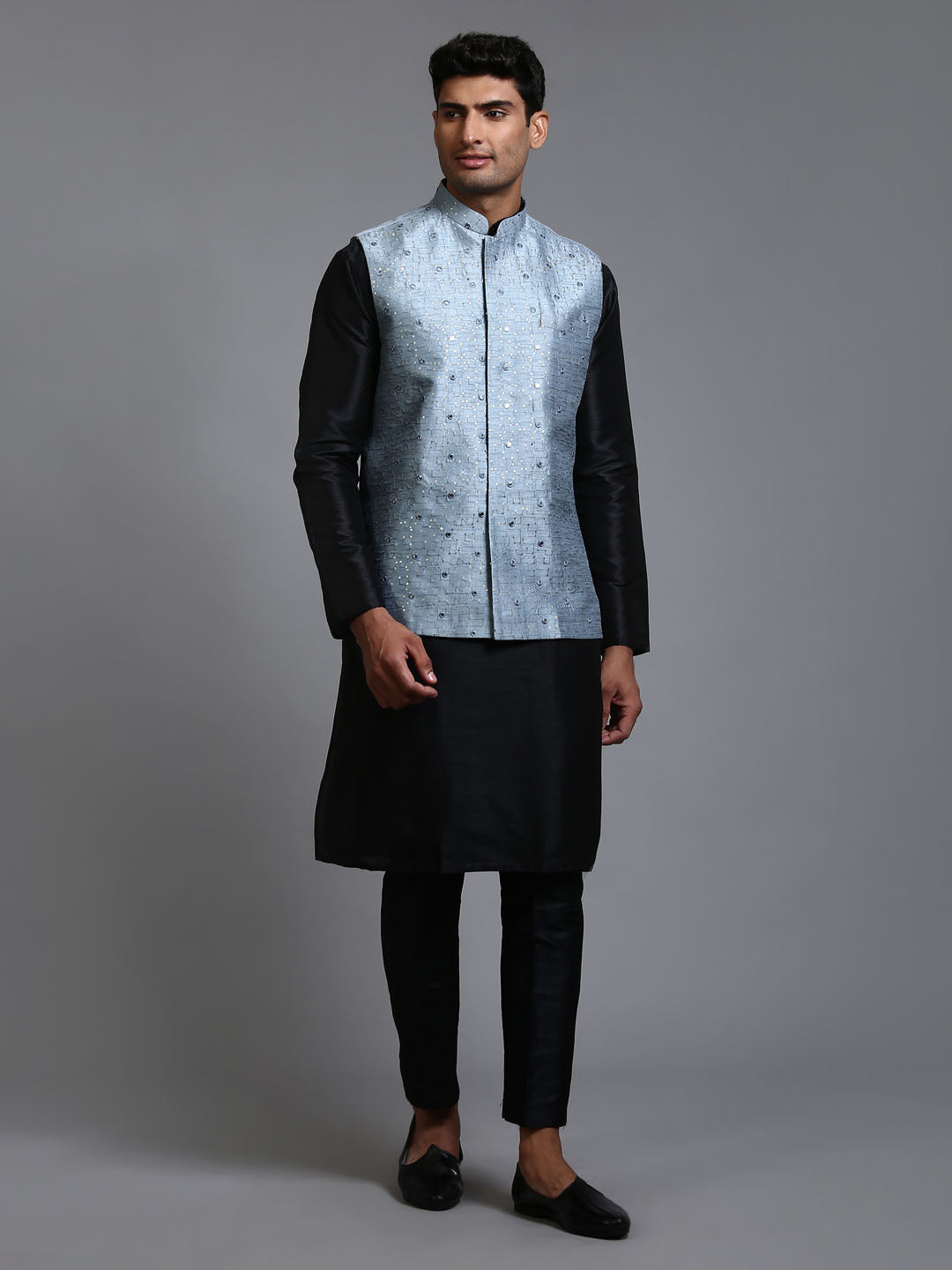 Men's Black Silk Blend Straight Jacket Kurta and Pyjama Set