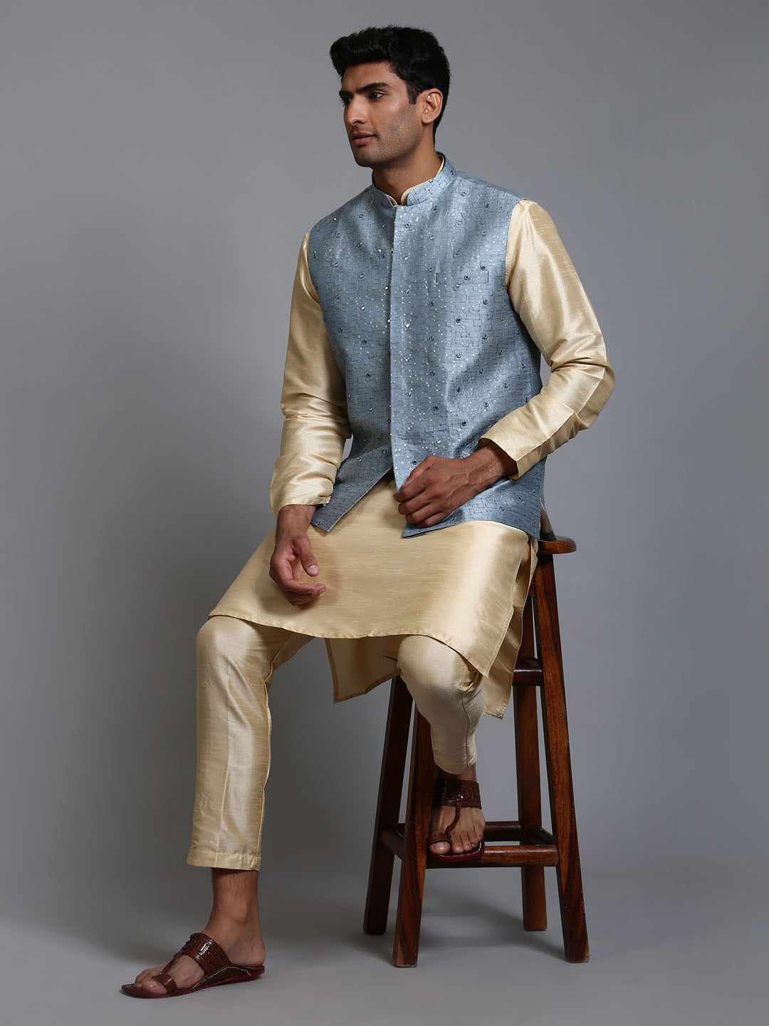 Men's Gold Silk Blend Straight Jacket Kurta and Pyjama Set