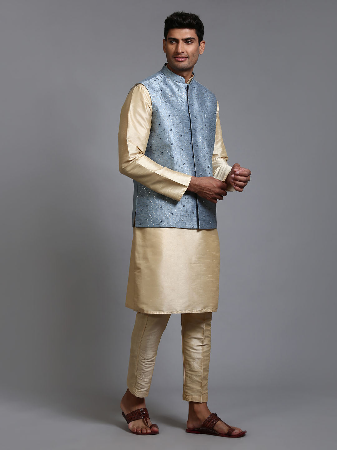 Men's Gold Silk Blend Straight Jacket Kurta and Pyjama Set