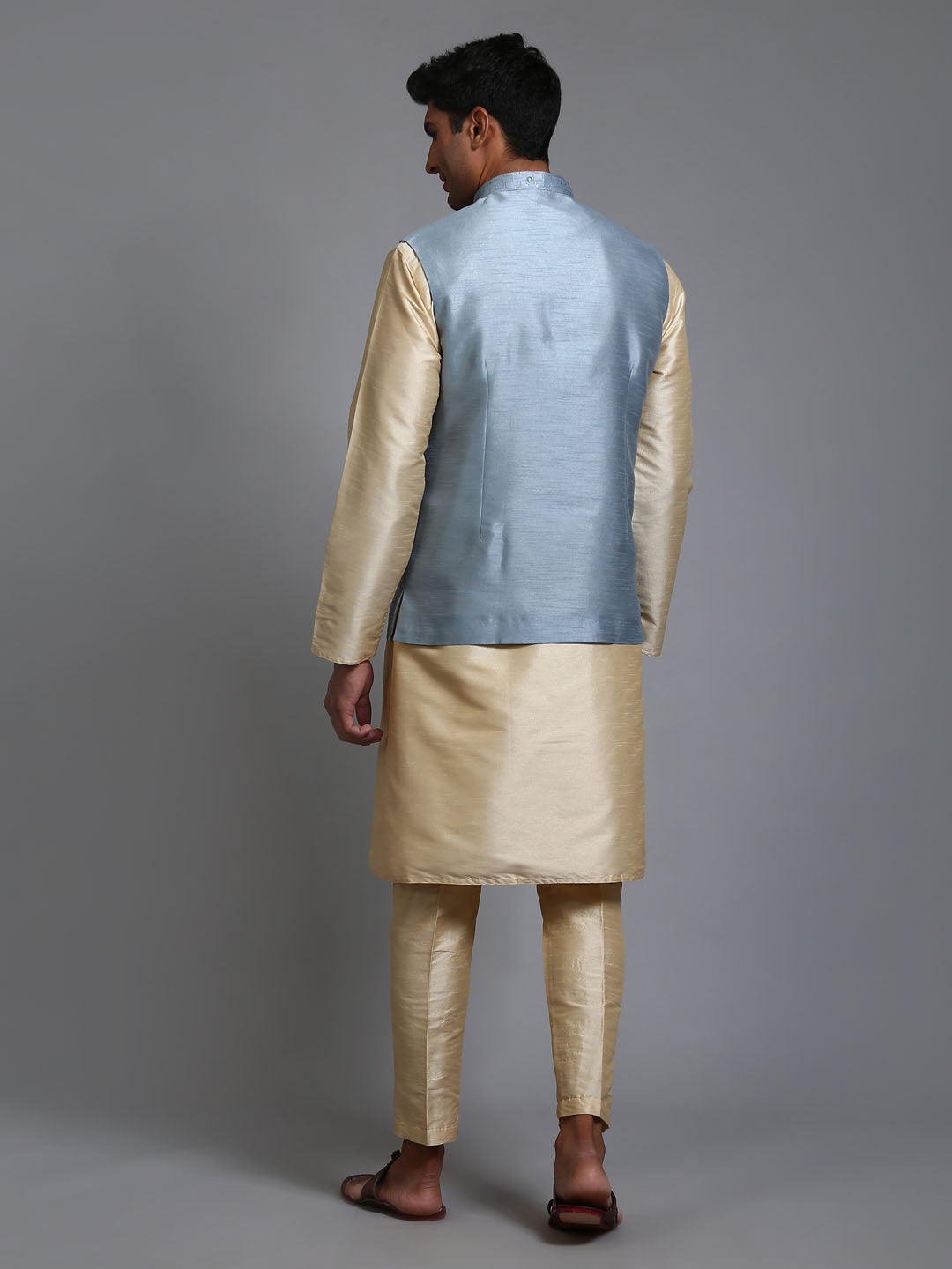 Men's Gold Silk Blend Straight Jacket Kurta and Pyjama Set