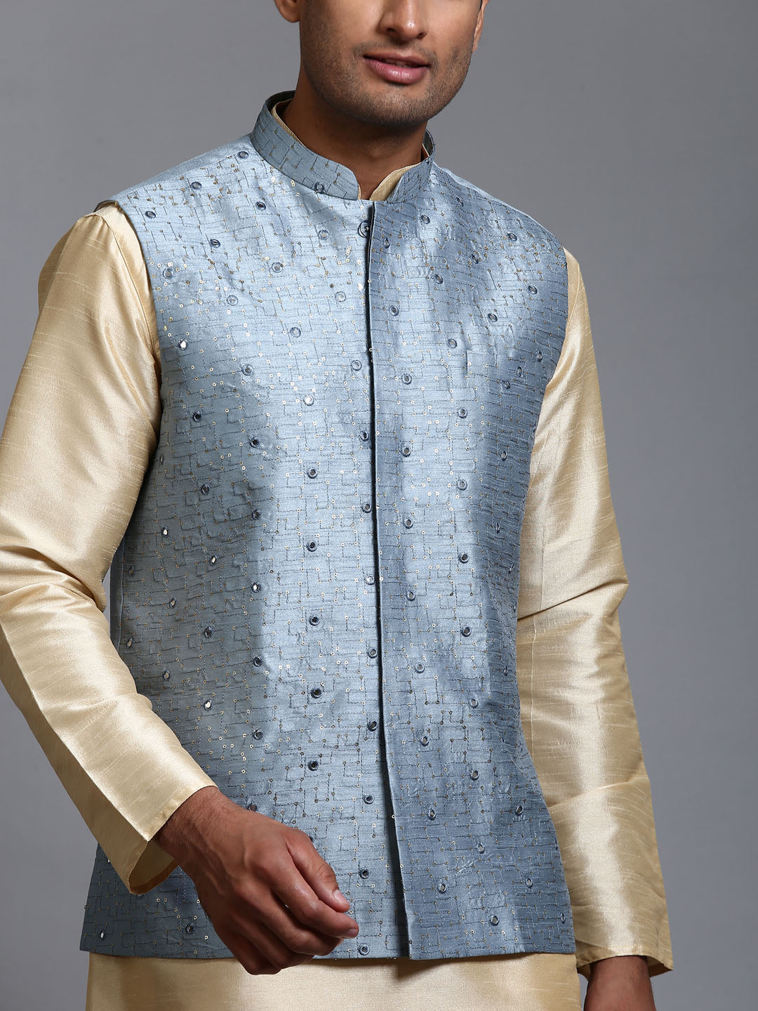 Men's Gold Silk Blend Straight Jacket Kurta and Pyjama Set