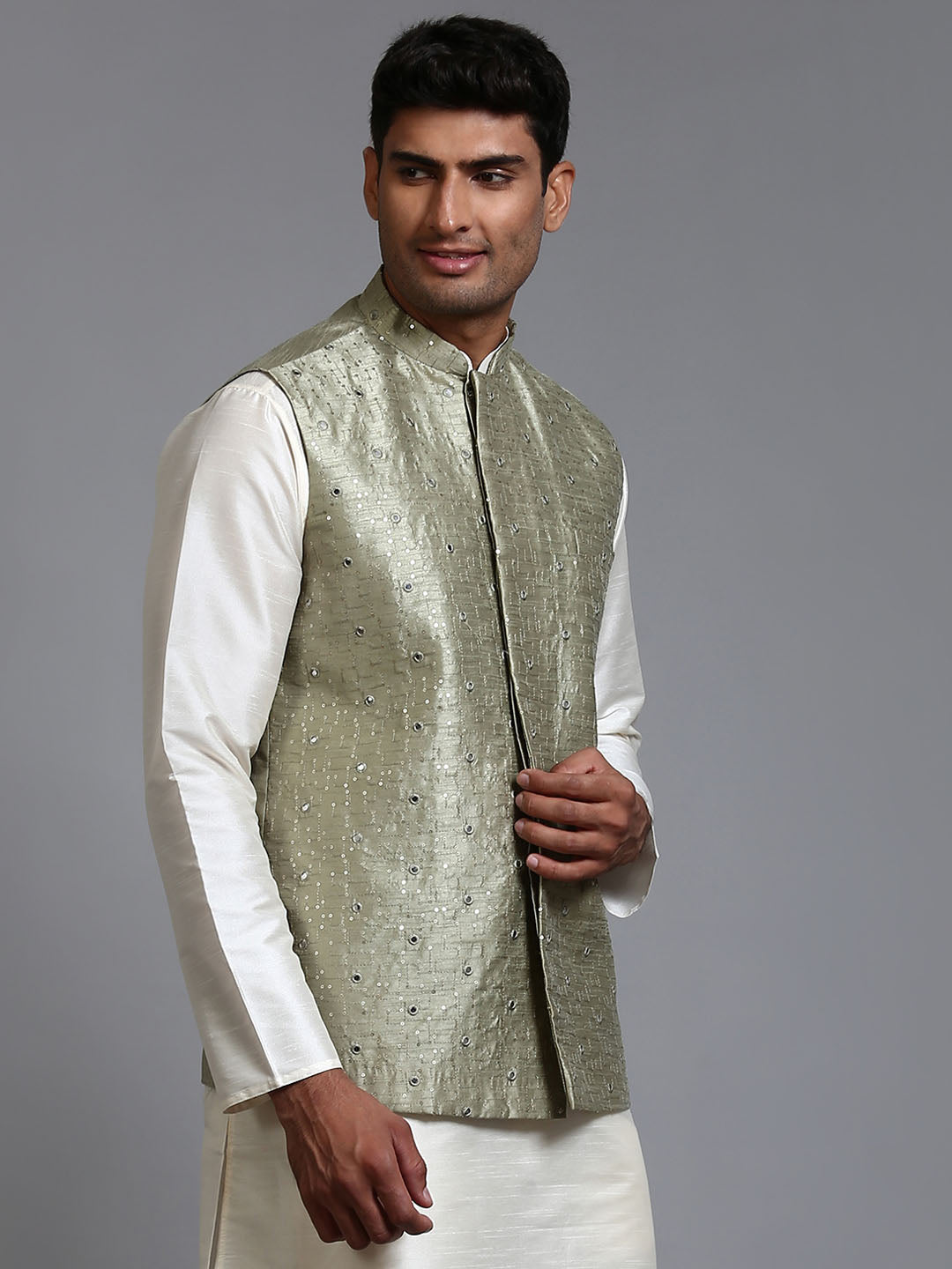 Men's Mint Green Silk Blend Straight Nehru Jacket