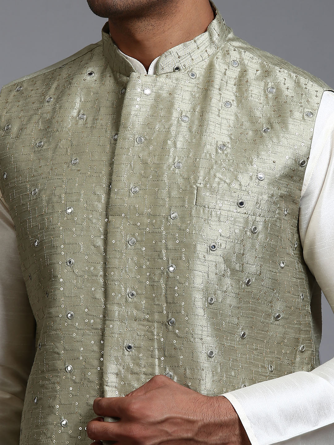 Men's Mint Green Silk Blend Straight Nehru Jacket