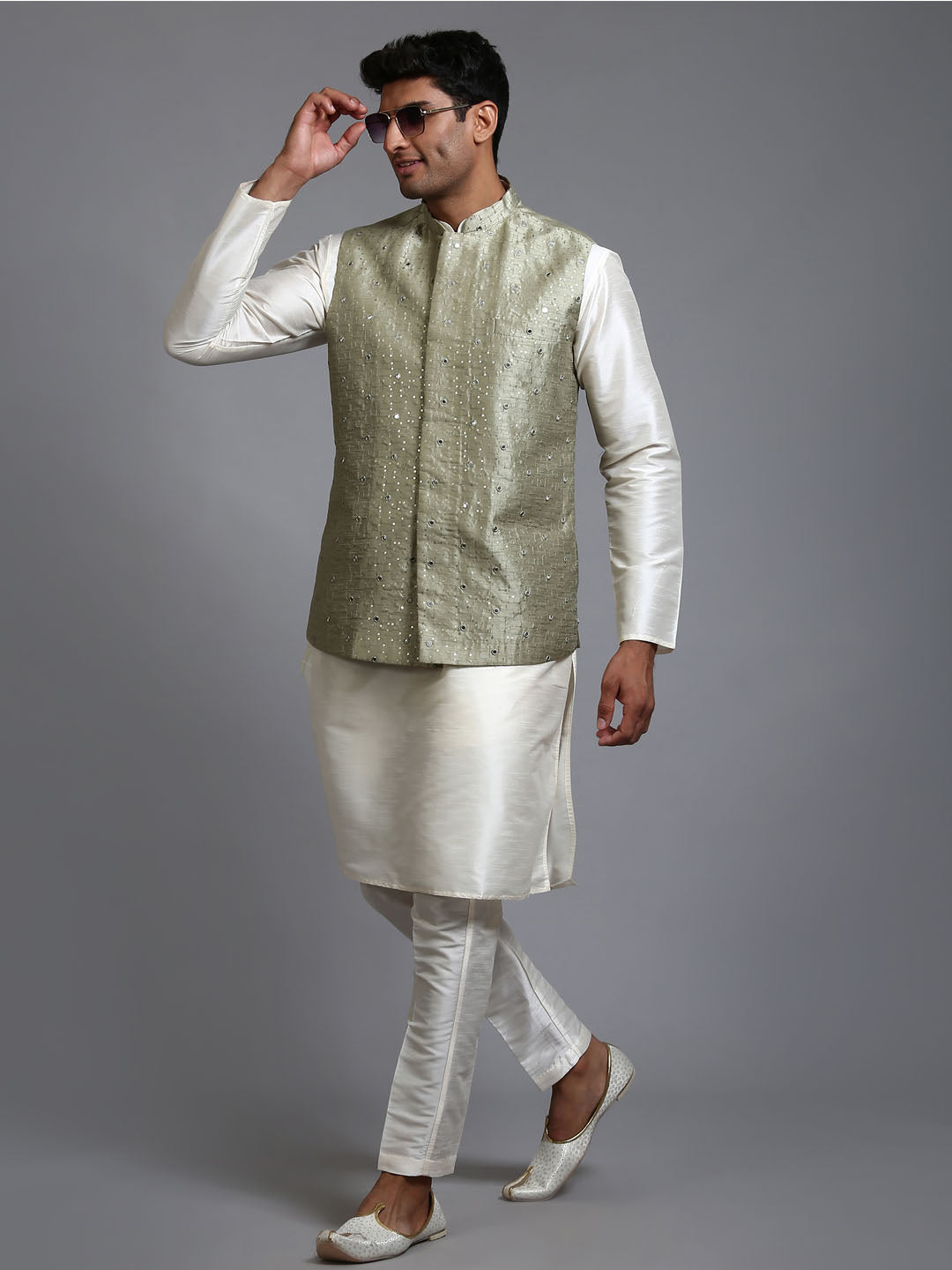 Men's Mint Green Silk Blend Straight Nehru Jacket