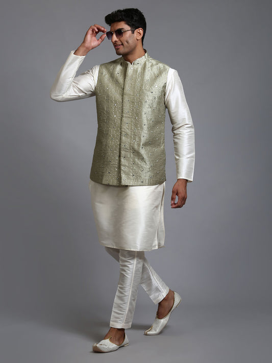 Men's Cream Silk Blend Straight Jacket  Kurta and Pyjama Set