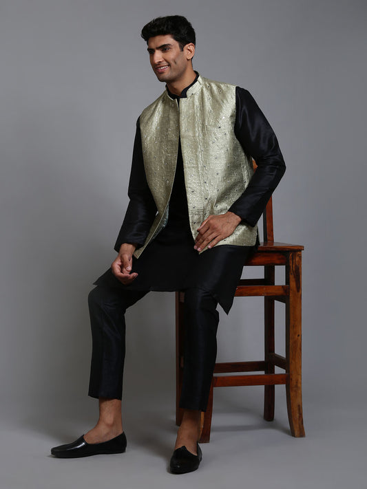 Men's Black Silk Blend Straight Jacket  Kurta and Pyjama Set