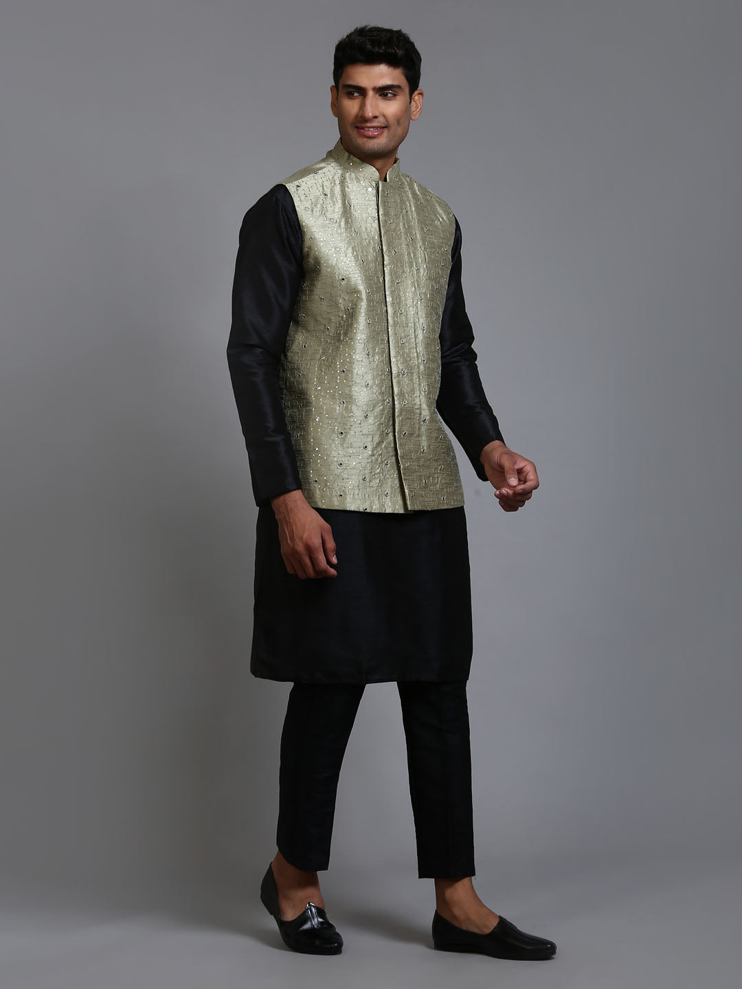 Men's Black Silk Blend Straight Jacket Kurta and Pyjama Set