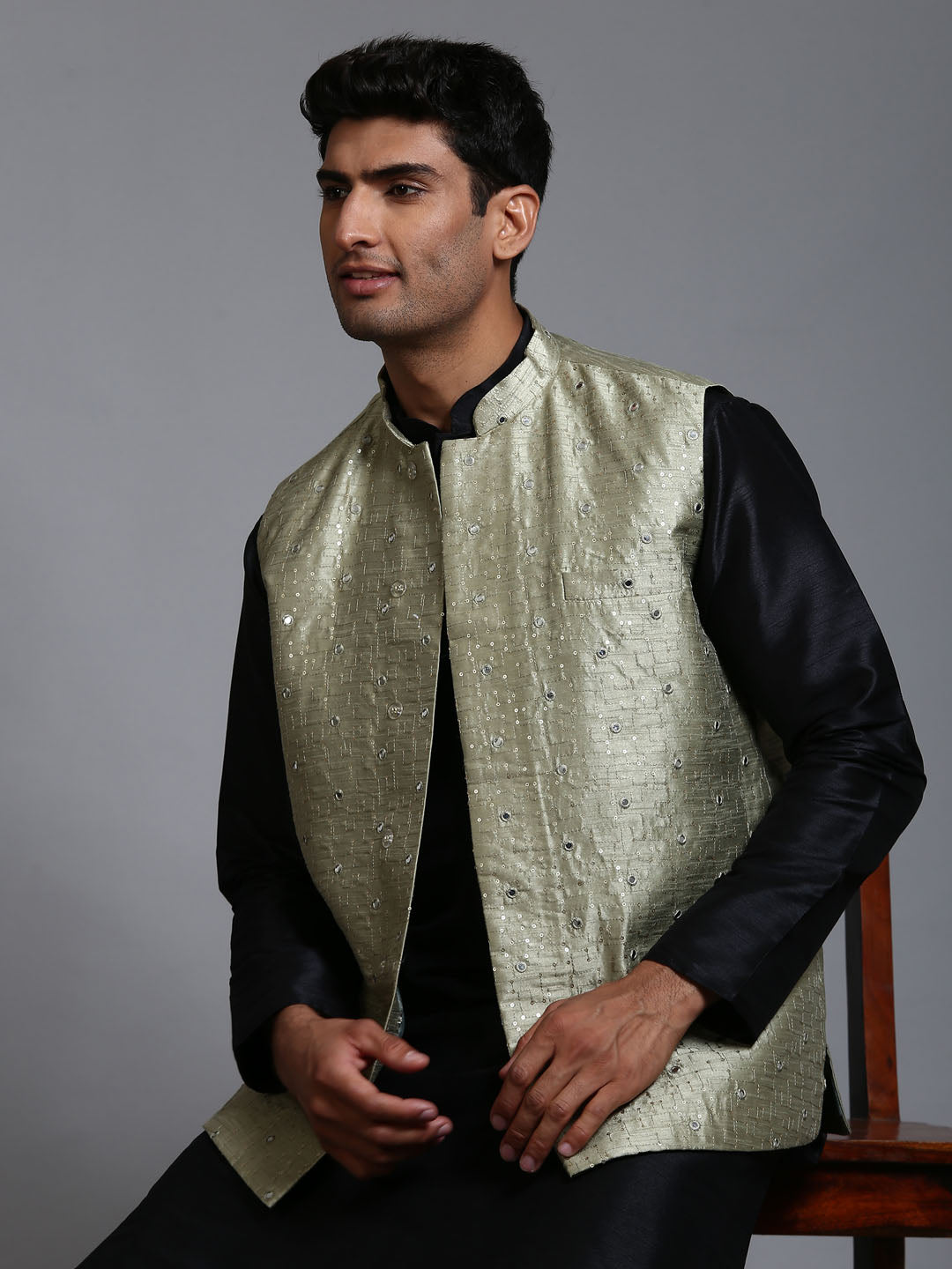 Men's Black Silk Blend Straight Jacket Kurta and Pyjama Set
