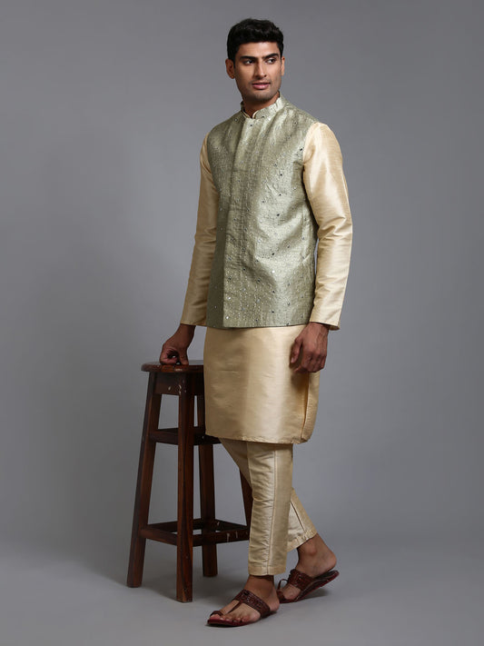 Men's Gold Silk Blend Straight Jacket  Kurta and Pyjama Set