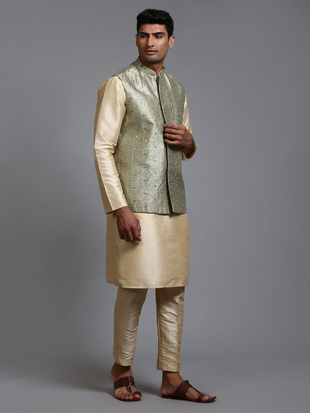 Men's Gold Silk Blend Straight Jacket Kurta and Pyjama Set