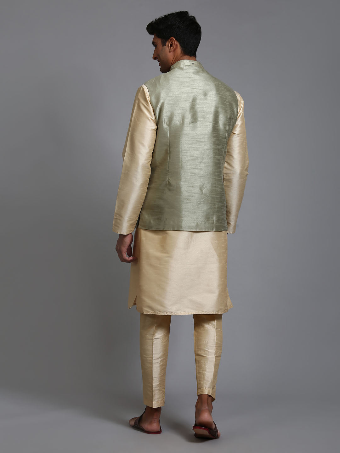 Men's Gold Silk Blend Straight Jacket Kurta and Pyjama Set