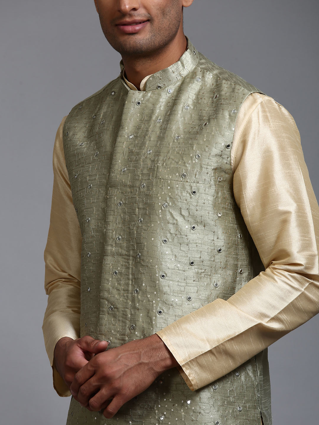 Men's Gold Silk Blend Straight Jacket Kurta and Pyjama Set