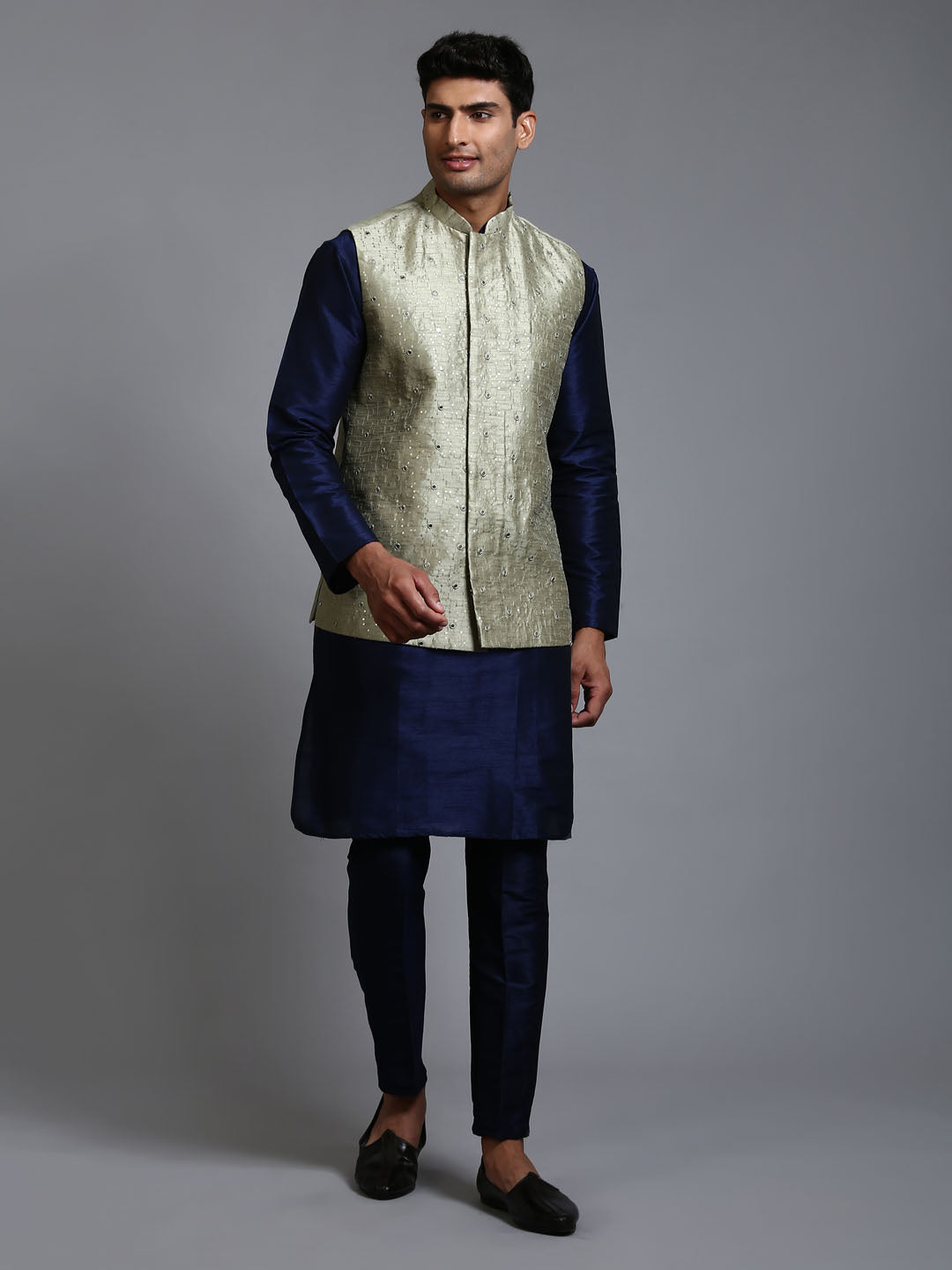 Men's Navy Blue Silk Blend Straight Jacket Kurta and Pyjama Set