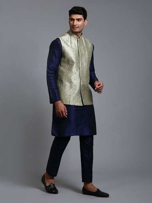 Men's Navy Blue Silk Blend Straight Jacket  Kurta and Pyjama Set