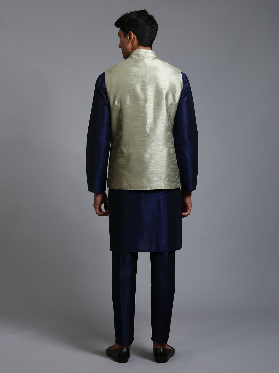 Men's Navy Blue Silk Blend Straight Jacket Kurta and Pyjama Set