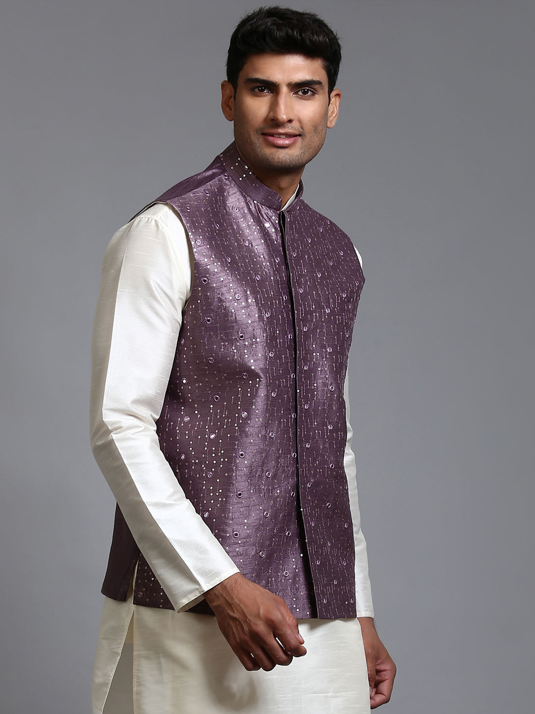 Men's Purple Silk Blend Straight Nehru Jacket