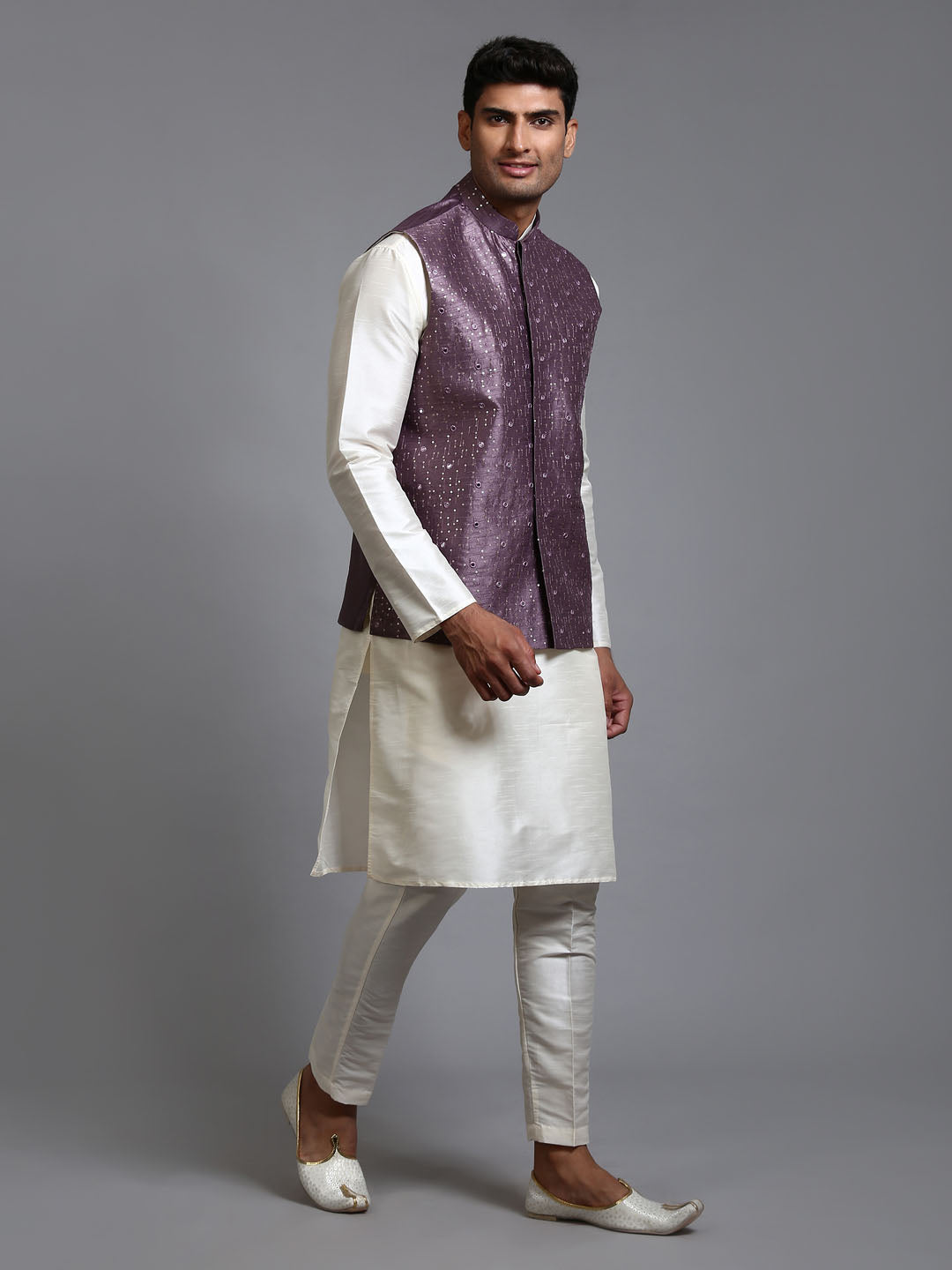 Men's Cream Silk Blend Straight Jacket Kurta and Pyjama Set
