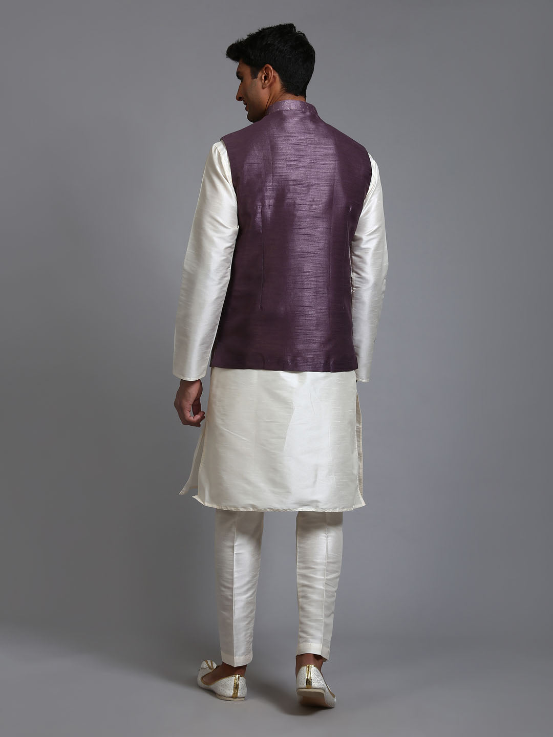 Men's Cream Silk Blend Straight Jacket Kurta and Pyjama Set