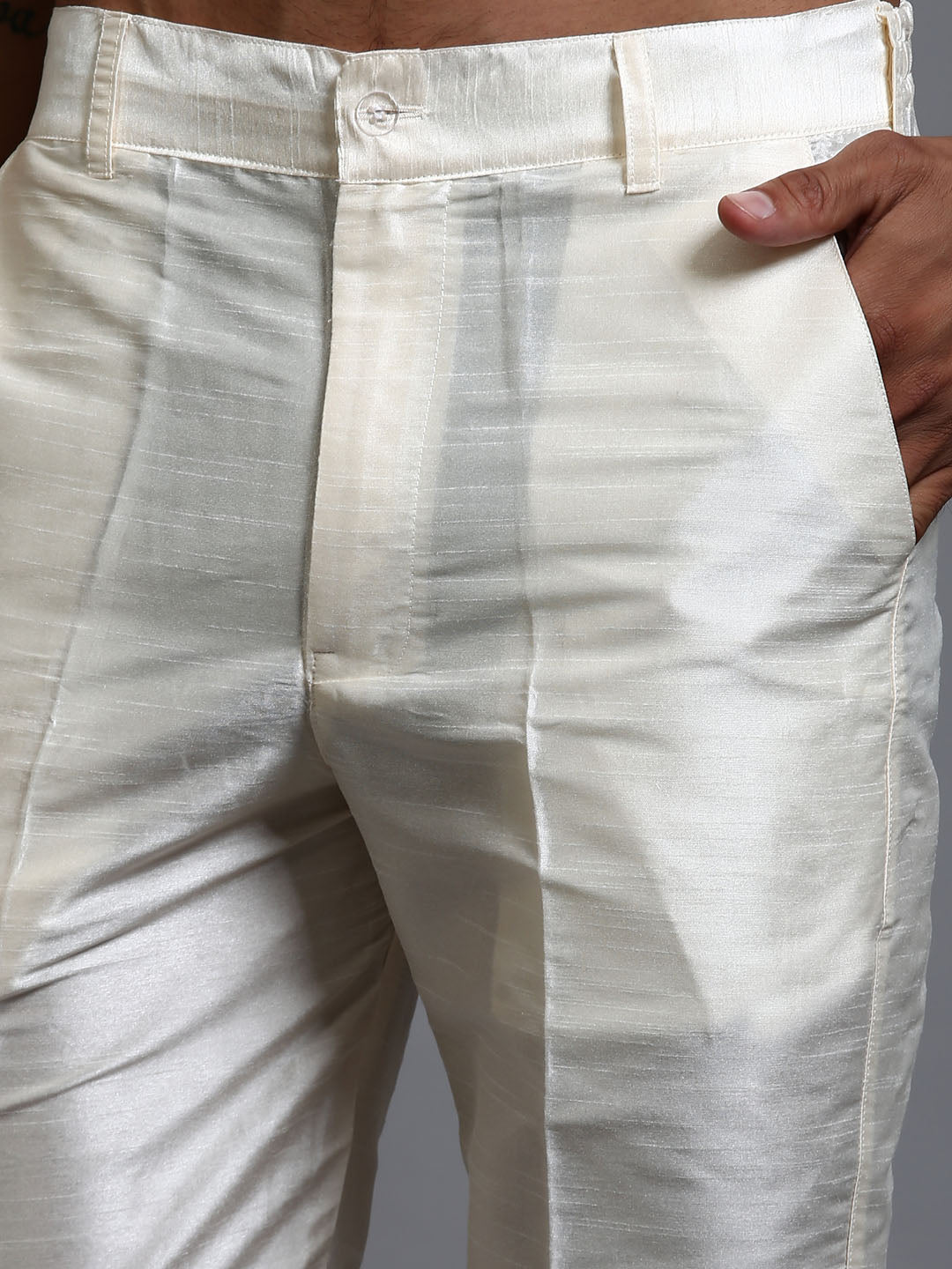 Men's Cream Silk Blend Straight Jacket Kurta and Pyjama Set