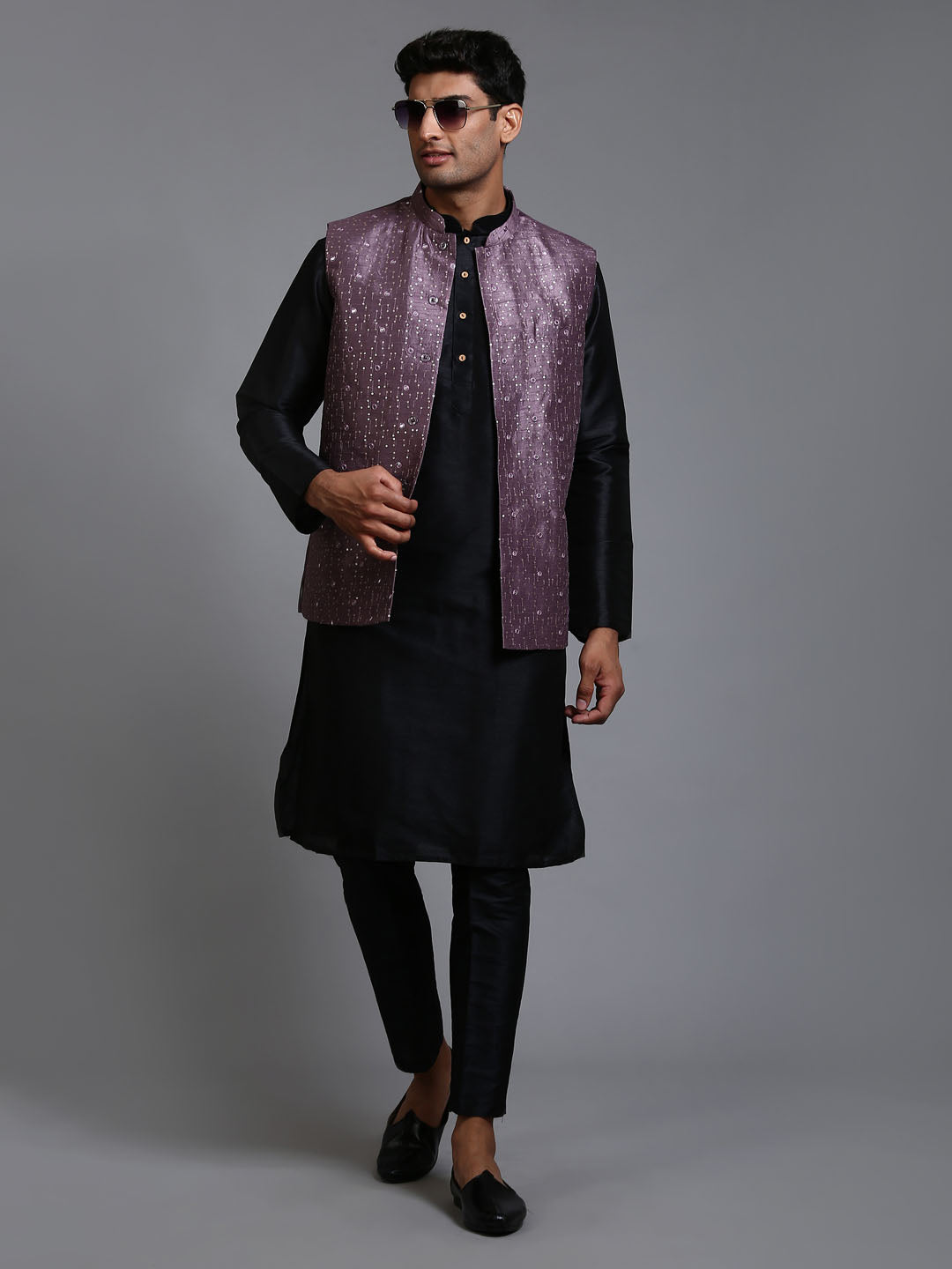 Men's Black Silk Blend Straight Jacket Kurta and Pyjama Set