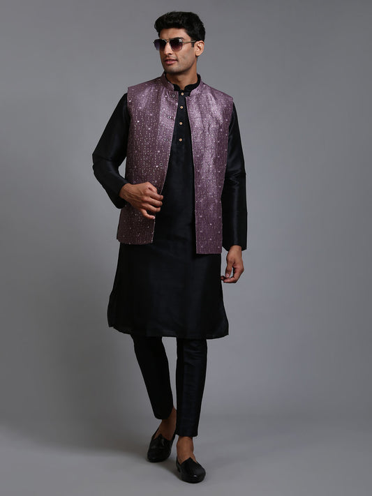 Men's Black Silk Blend Straight Jacket  Kurta and Pyjama Set