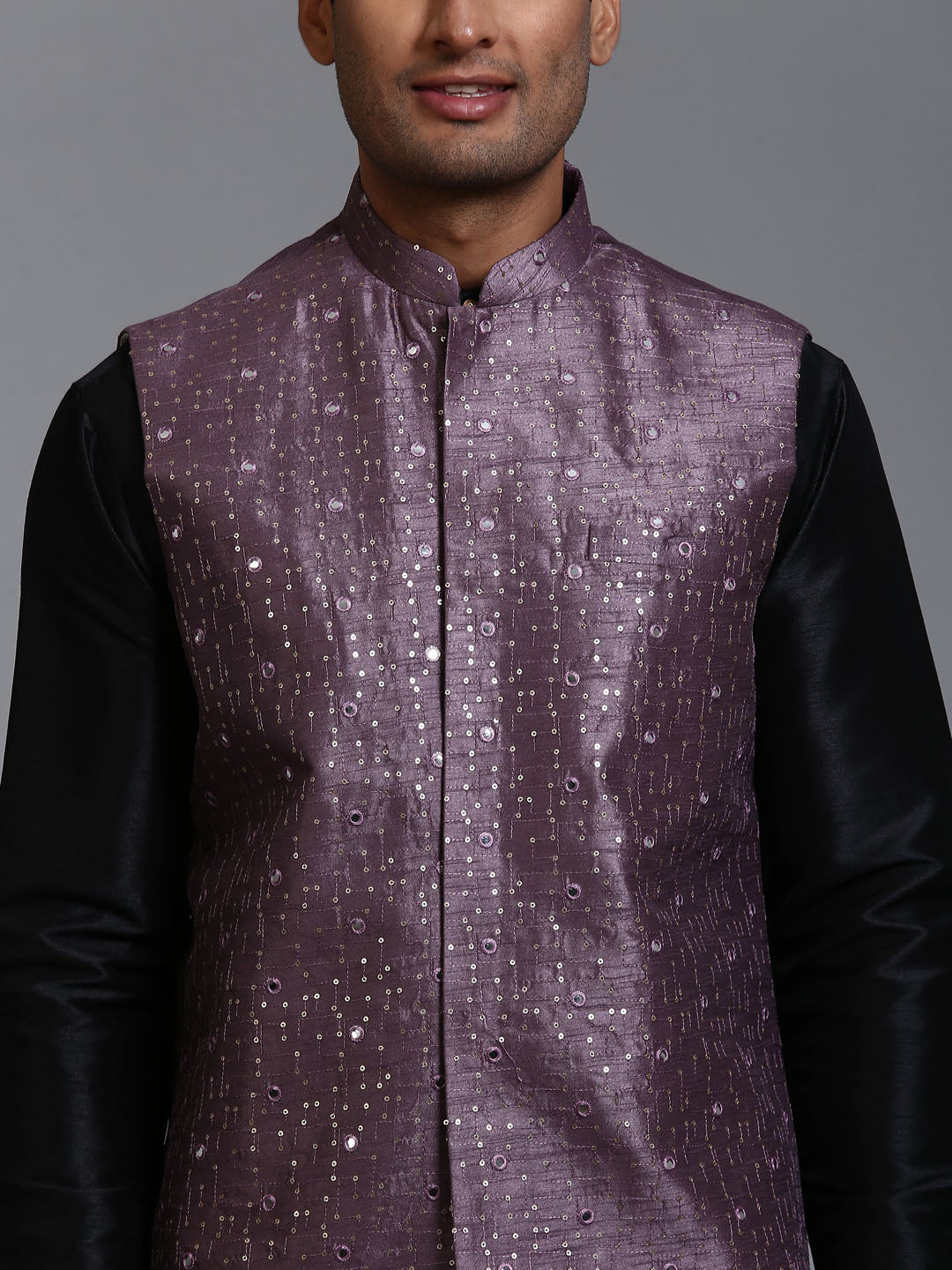 Men's Black Silk Blend Straight Jacket Kurta and Pyjama Set