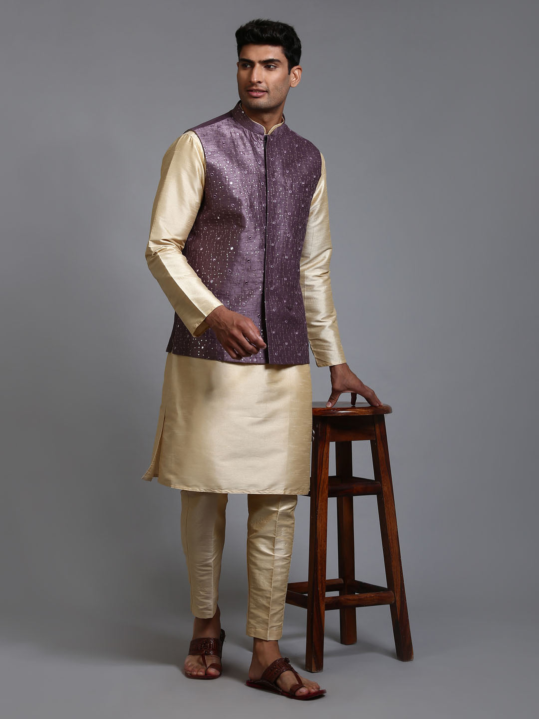 Men's Gold Silk Blend Straight Jacket Kurta and Pyjama Set